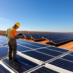 **Prompt for Solar Power Plant:** A wide-angle, sun-drenched shot of a sprawling solar power plant. Rows of reflective solar panels extend into the distance under a vast blue sky. In the foreground, an engineer, wearing work gloves, inspects a panel up close with a thermal camera, hinting at meticulous efficiency checks. The scene emphasizes the scale, precision, and hands-on application of theoretical knowledge in real-world renewable energy, capturing the warmth and dedicated effort of the site.