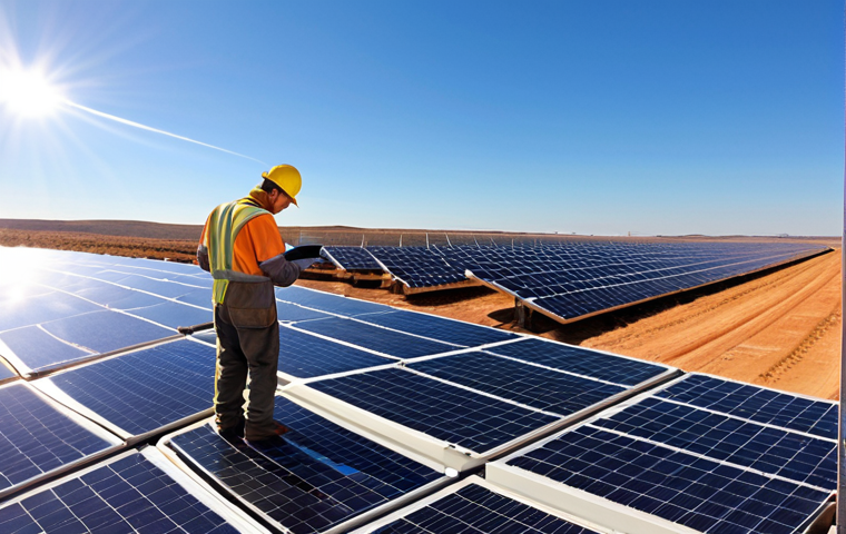 **Prompt for Solar Power Plant:** A wide-angle, sun-drenched shot of a sprawling solar power plant. Rows of reflective solar panels extend into the distance under a vast blue sky. In the foreground, an engineer, wearing work gloves, inspects a panel up close with a thermal camera, hinting at meticulous efficiency checks. The scene emphasizes the scale, precision, and hands-on application of theoretical knowledge in real-world renewable energy, capturing the warmth and dedicated effort of the site.